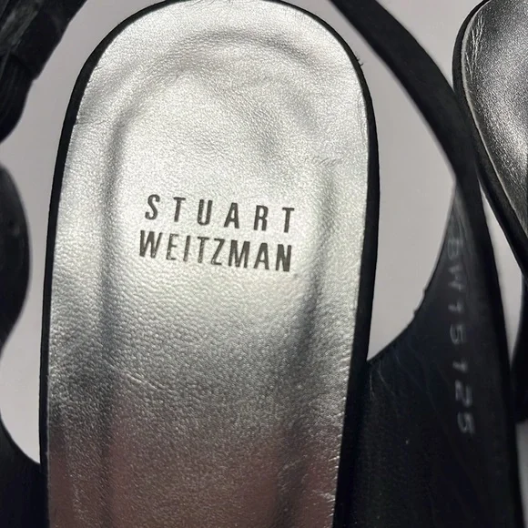 Stuart Weitzman Babe Black Satin Heels, size 8 slingback, bow front with mesh - Picture 11 of 12